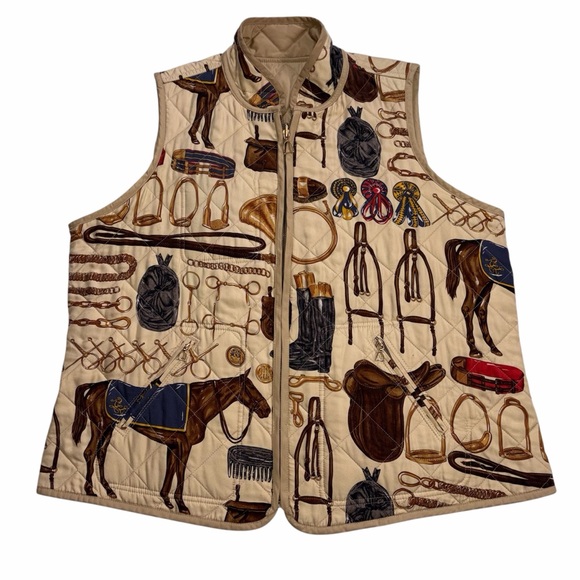Ralph Lauren Jackets & Blazers - Ralph Lauren Silk Blend Equestrian Print Quilted Vest Reversible Beige Size 1X